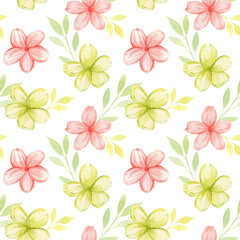 Watercolor seamless pattern with pink and green flowers. Cute spring print with flowers and green leaves. Design and design of packaging, background, stationery. Isolated illustration in pastel colors