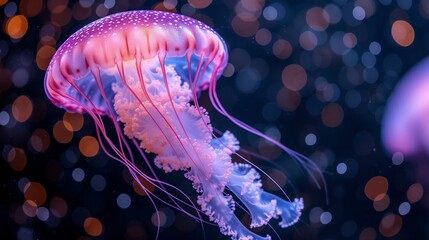 Luminescent Purple Jellyfish Floating in Ocean Depths with Bioluminescent Glow - obrazy, fototapety, plakaty