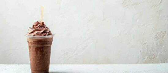 A delectable dessert drink, chocolate milkshake with whipped cream and a straw, ready to be enjoyed on a table.