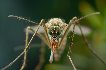 Mosquito close-up on green natural background Insectofauna Theme animals , malaria disease prevention
