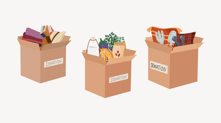 Concept of donating clothes, food and decoration utensils.