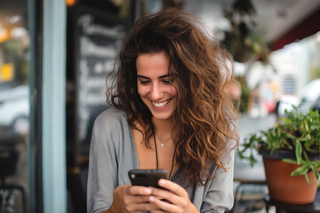 Smiling woman looking at her phone. She likes what she sees and is happy.