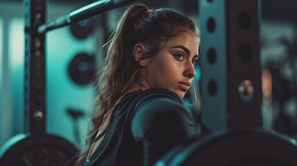 A woman exercising In the gym or fitness, Environment in the exercise room, Weight training, light cold weather cold tone, woman 80s, ultra wide background cover banner for website or ads. fitness - obrazy, fototapety, plakaty