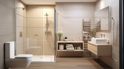 Fototapeta na wymiar Modern bathroom at home with glass partition separating shower tap and wall mounted toilet.