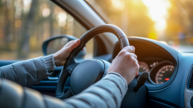 両手がハンドルを握りながら運転するイメージ。安全運転。