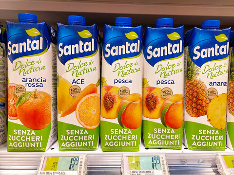 Italy &ndash; February 8, 2024: Santal Fruit Juices in a brick on a shelf in a supermarket. Santal is an Italian brand of juices and nectars product
