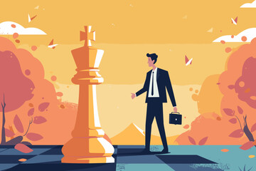 Strategic Business Transformation, Effective Communication, and Market Adaptation, Businessman with Chess Piece, Vector Illustration
