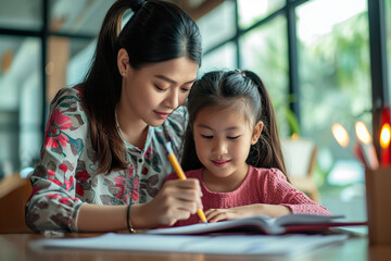 Obraz premium mother and child doing homework together