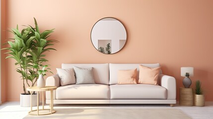 Modern living room with a cozy sofa, mirror, and houseplants by a bright wall.