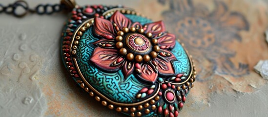 Fototapeta premium Ethnic-inspired boho pendant, handcrafted from polymer clay, makes a fashion statement.