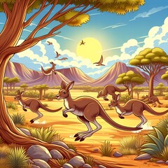 A group of kangaroos hopping across the Australian outback.1