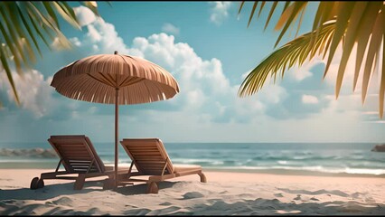 Wooden Sun Loungers Under White Umbrella on Tropical Beach.