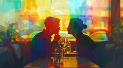 Artistic portrayal of a same-gender couple on a romantic date in a cafe