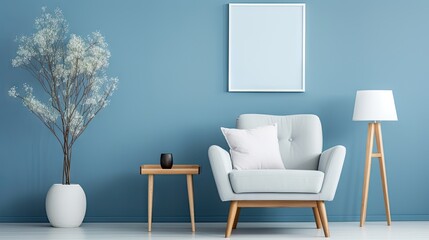 Elegant living room composition with a fluffy armchair, wooden commode, poster frame, and modern accessories. Blue wall. Home staging. Template.