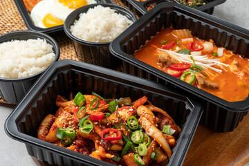 Korean food, braised spicy chicken, pork, kimchi stew, squid, stir-fry, red chili paste jjigae, stir-fried spicy pork, beef brisket, pork cutlet, seafood, soft tofu, side dishes, spicy food, rice,
