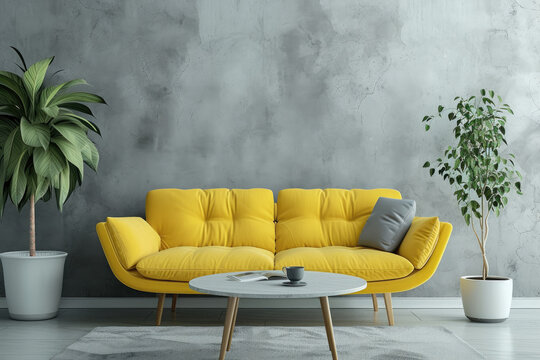 3d rendering of the living room of a modern apartment with yellow furniture