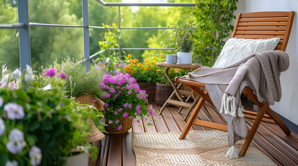 Fototapeta na wymiar Beautiful balcony or terrace with wooden floor, chair and green potted flowers plants. Cozy relaxing area at home , generative ai