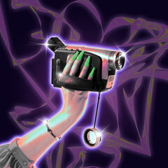 Poster. Modern aesthetic artwork. Female hand holds vintage video camera against abstract gradient...