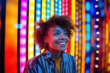 Happy African Female Beauty: Young Person Portrait with Fashionable Afro Hair, Looking Cheerful in a City Street – A Stylish, Pretty and Confident Black Lady