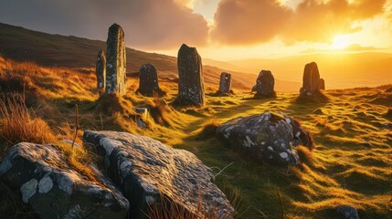 Ancient moorland landscape at sunset with standing stones and rolling hills adorned in the golden light