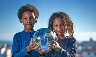 A black boy and a girl are holding a globe in their hands against a background of blue sky. African American schoolchildren holding a globe. The concept of ecology, peace, friendship and creation.