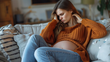 Obraz premium Young woman suffering from nausea and headache during pregnancy