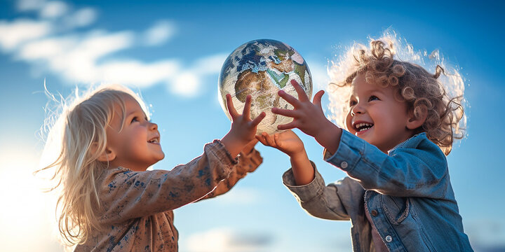 A little boy and girl are holding a globe in their hands against a background of blue sky. Children raise the model of the globe up in their hands. Ecology, peace, friendship and creation concept