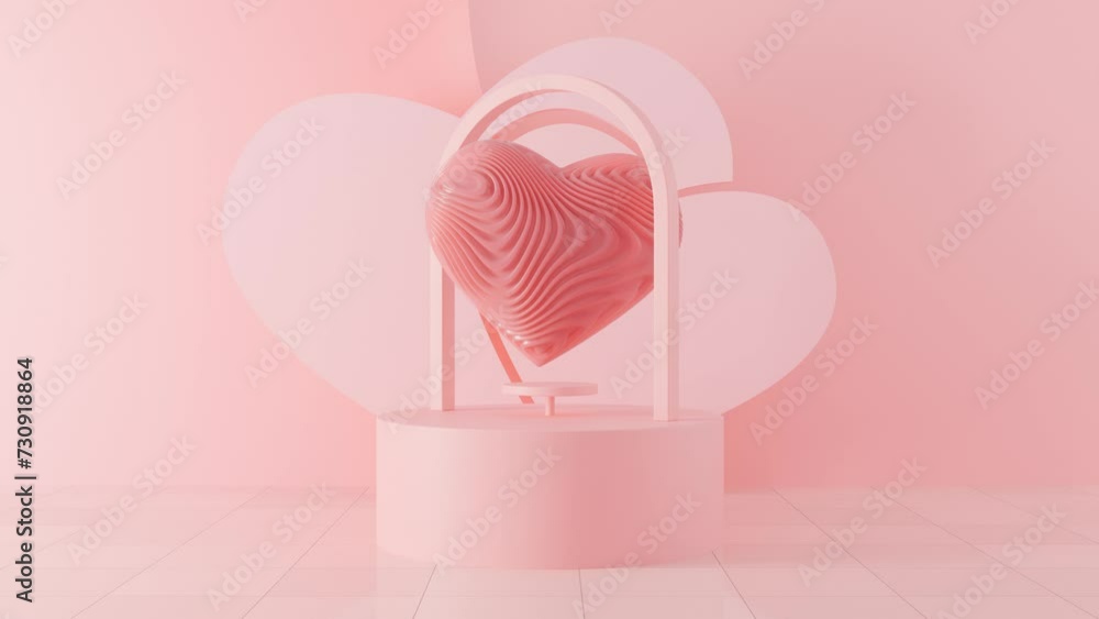 Poster loop 3d animation of a pink heart in the studio. the heart is covered with waves, smooth convolution