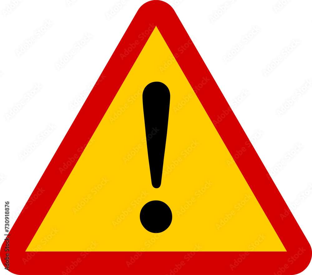 Poster red and yellow triangular warning or attention sign with exclamation mark icon. vector image.