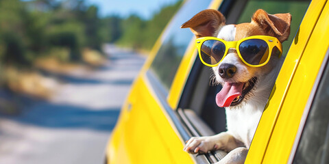 Portrait of a funny Jack Russell terrier puppy in yellow sunglasses, sticking his muzzle and paws...