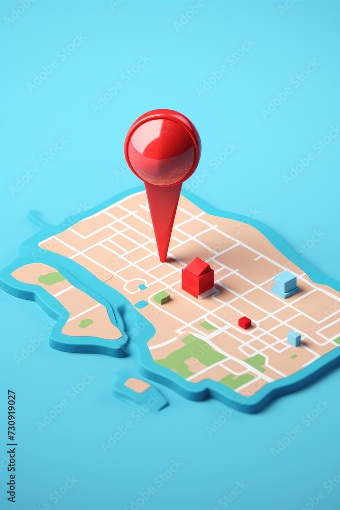 Poster 3d map travel location. locator mark of map and location pin or navigation icon sign on background w
