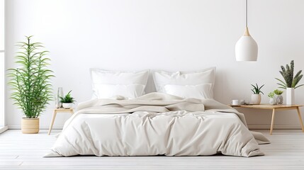 White bed with bedding and pillows in a bedroom.