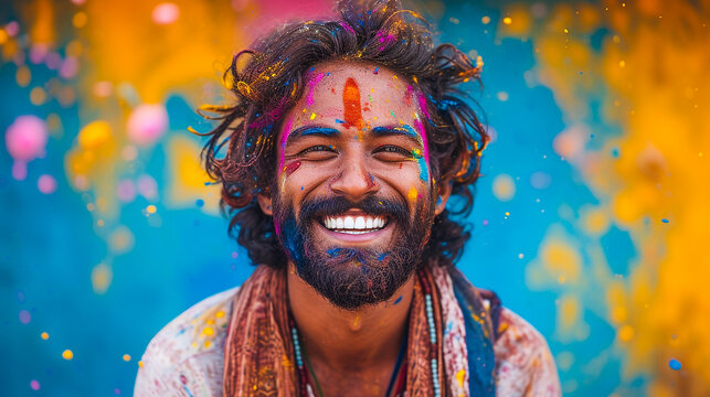 A joyful Spanish man with a beard, his face painted with multi-colored paints, in smart clothes celebrates the Holi festival. Spring festival of colors