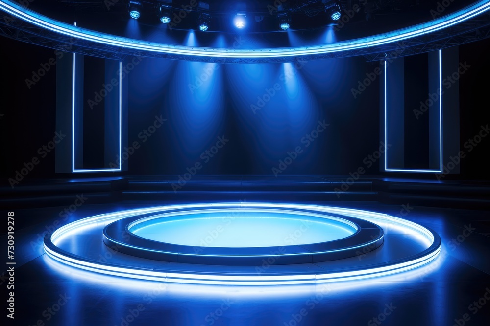 Poster empty stage of the theater, lit by spotlights before the performance. blue round podium on bark back