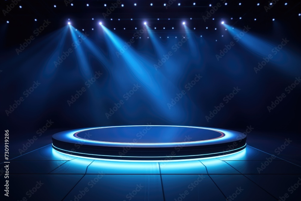 Poster empty stage of the theater, lit by spotlights before the performance. blue round podium on bark back