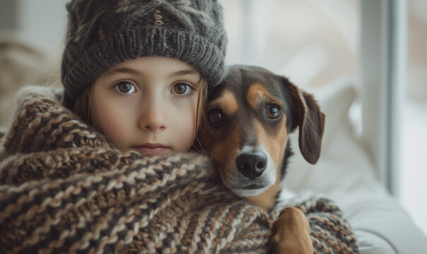 a young girl with her dog wrapped in wool blanket