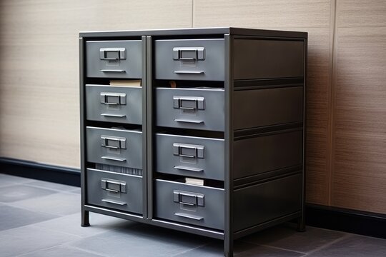 File cabinet, office archive storage with drawers for documents, paper data, library or registry cards. Metal cabinet for paperwork organization