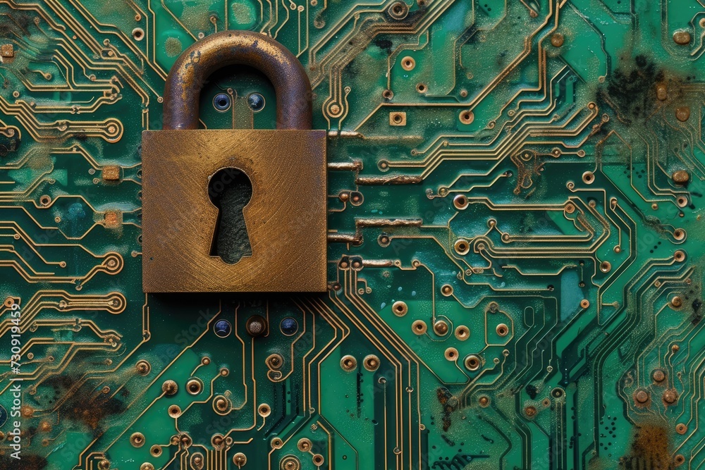 Poster Cyber security concept. Padlock on circuit board background