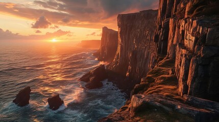 Ancient Nordic landscape at sunset featuring rugged cliffs, ancient runes, and a breathtaking coastal panorama