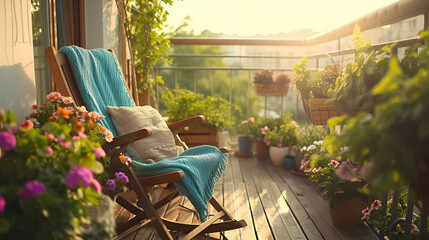 Beautiful balcony or terrace with wooden floor, chair and green potted flowers plants. Cozy relaxing area at home , generative ai - obrazy, fototapety, plakaty