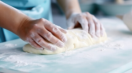 Obraz na płótnie Canvas Close up shot hand woman chef make flattening dough, Cooking,a Lifestyle activity