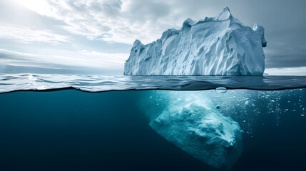 Iceberg Above and Below Water Surface with Cloudy Sky