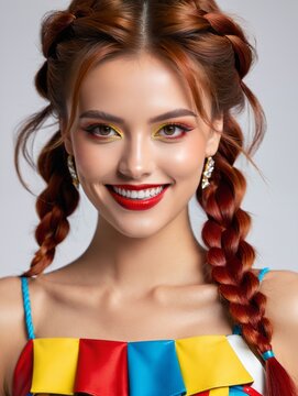 Girl in multi-coloured outfit and braided hairstyle against grey background