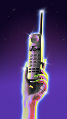 Poster. Modern aesthetic artwork. Female hand with long nails holds shiny vintage cell phone...