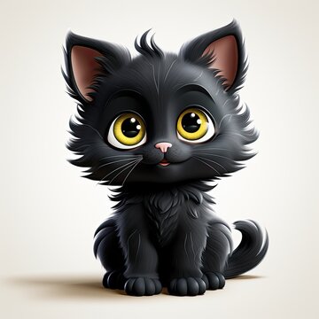 Cartoon black kitten art isolate. Positive cheerful 3D illustration black cat print. Cute black kitten character 3D illustration. Black cat toy. Halloween holiday.