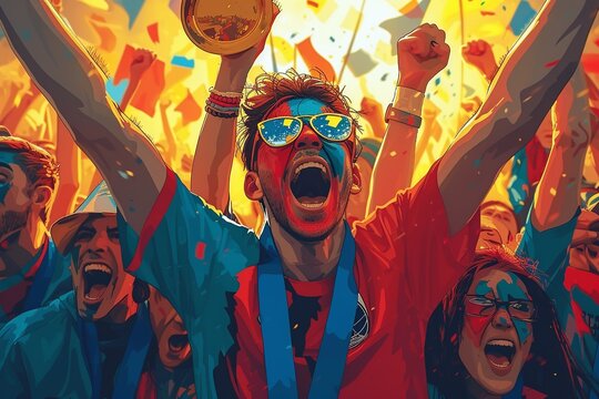 A dynamic group of fans, faces painted with team colors, hold a shining gold trophy aloft, cheering exuberantly in shared victory and support