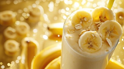 Banana glass smoothie milkshake background with bananas and free space for text