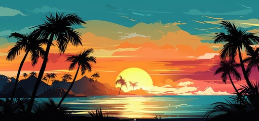 Idyllic Sunset Paradise: Silhouetted Palm Trees and Calm Ocean - Generative AI