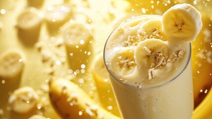 Banana glass smoothie milkshake background with bananas and free space for text