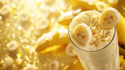 Foto auf Acrylglas Banana glass smoothie milkshake background with bananas and free space for text © eireenz